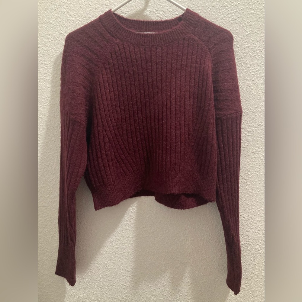 Sophie Rue Cropped, Ribbed Crewneck Sweater in Maroon